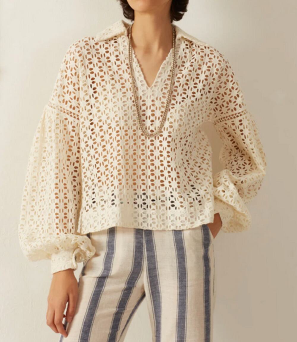Alix of Bohemia Dylan Clover Eyelet Collared Long Sleeve Blouse Top Pearl Ivory